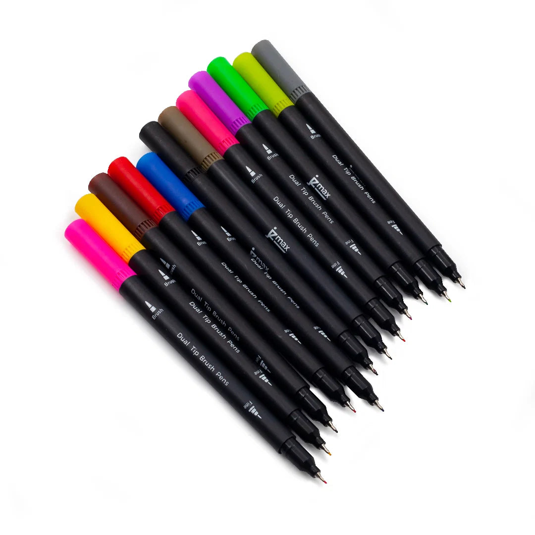 Dual Tip Brush Pen Set (12 Pack) | Artist Brush & 0.4mm Fine Line Calligraphy Markers