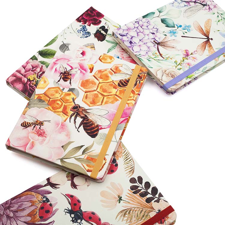 Set of Insects Hard Cover Journal A5 with luscious ladybugs, buzzing bees, beautiful butterflies and dashing dragonflies design with matching ribbons on a white background