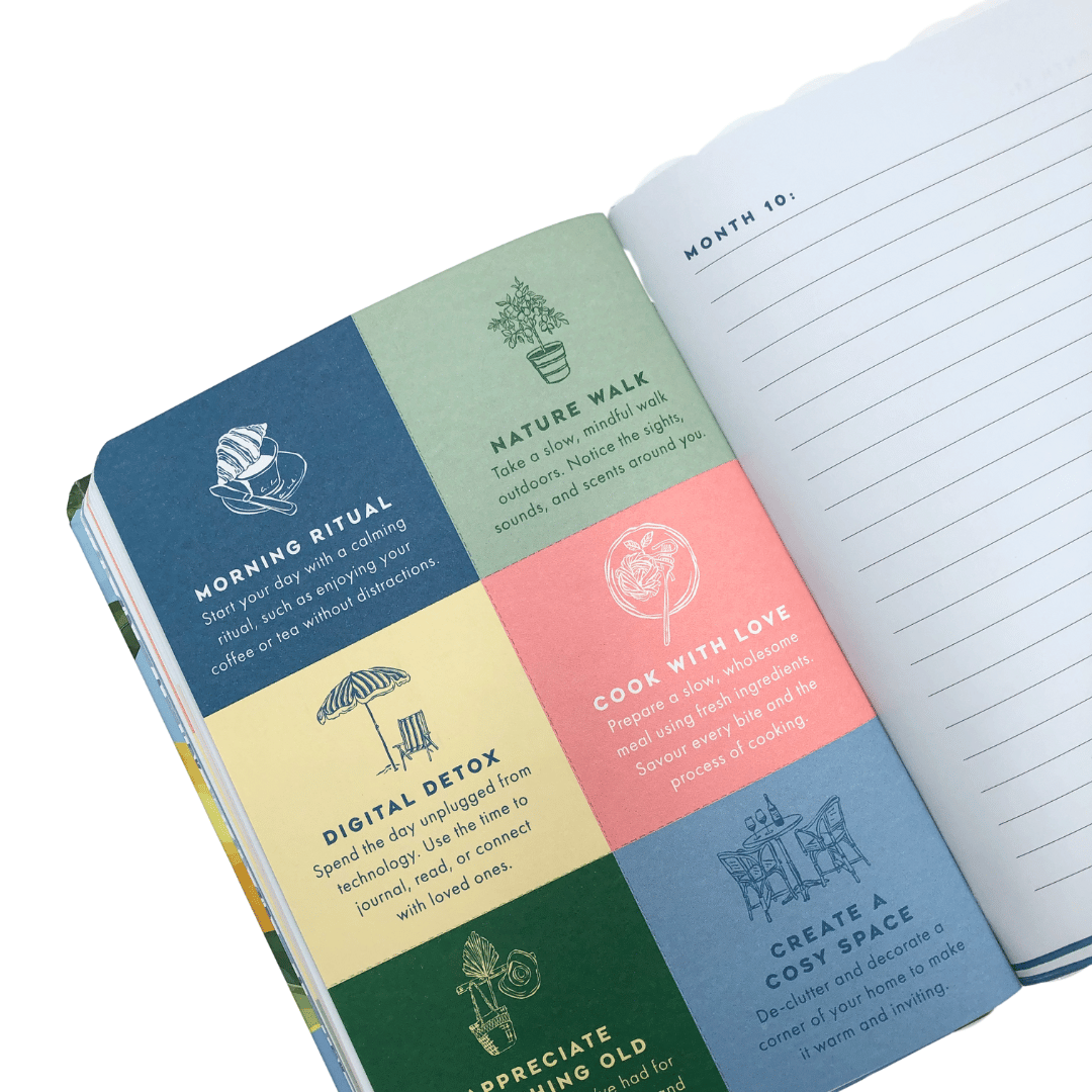 Open La Dolce Vita Life is beautiful guided vision Journal with colorful sections and text on a white background
