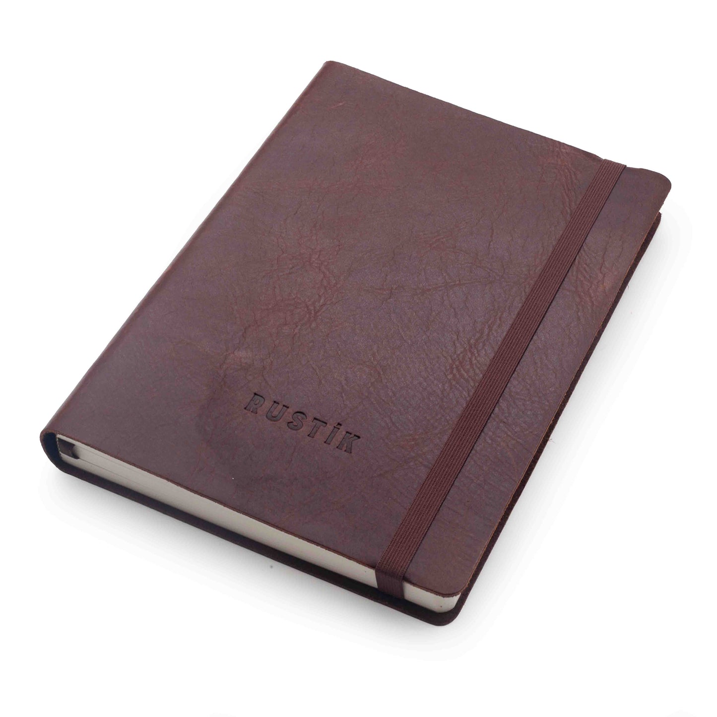 Front cover of Rustik Premium dotted Journal in brown leather with matching ribbon and with 'Rustik' branding on a white background