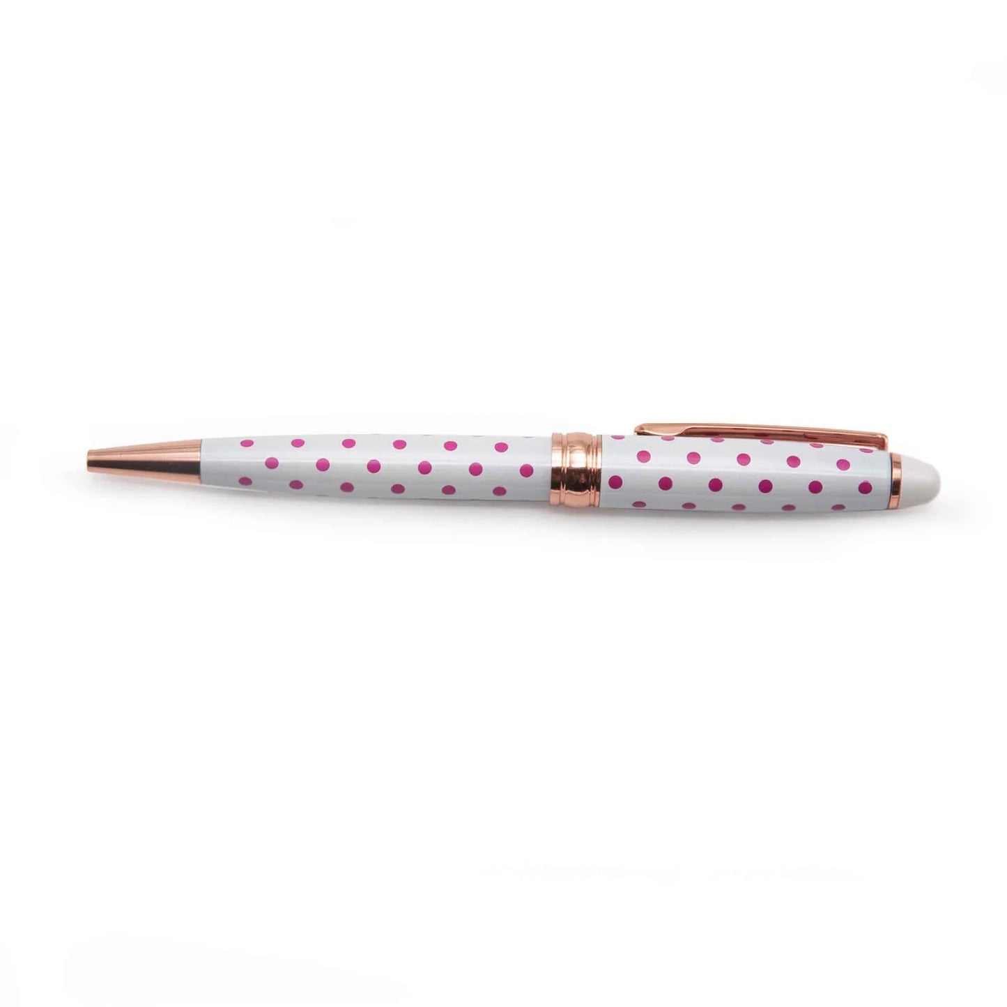Dotted Pens in white and pink polka dot with rose gold accents on a white background
