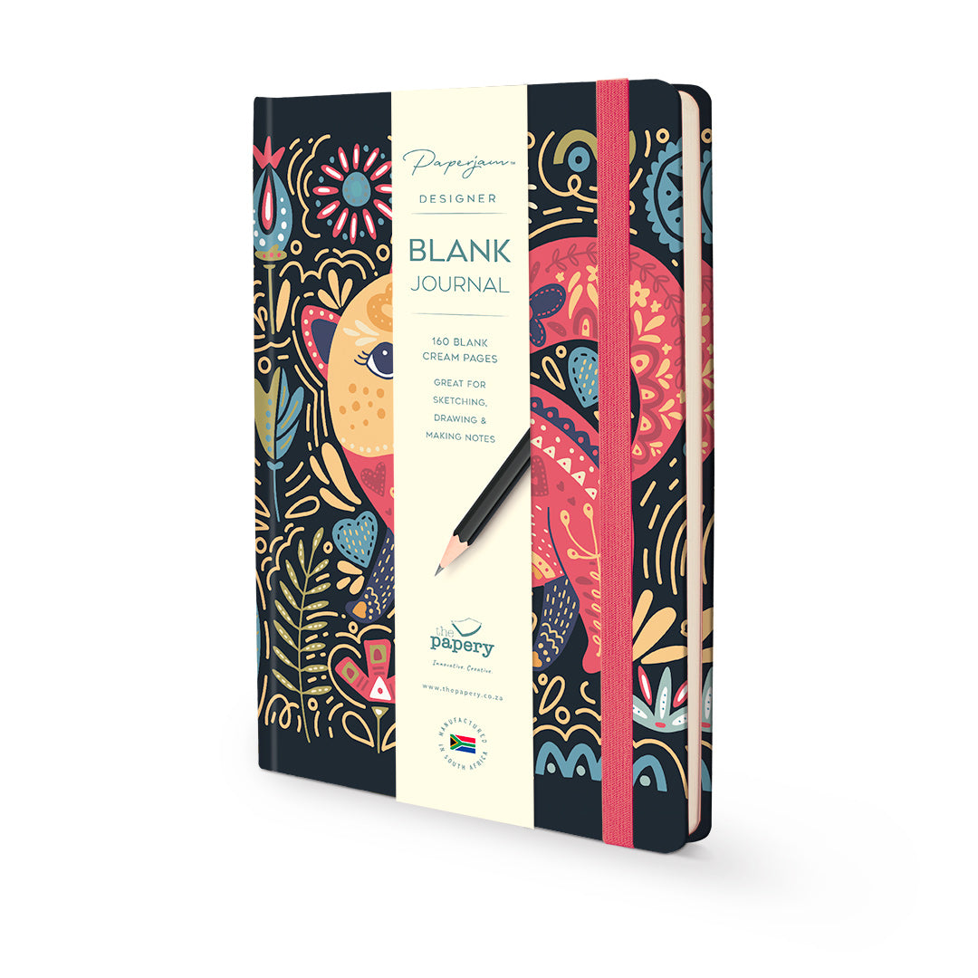 Papergoo Designer Blank Journal with a colorful, patterned cover featuring a central cream-colored band and a black pencil resting on it, set against a plain white background.