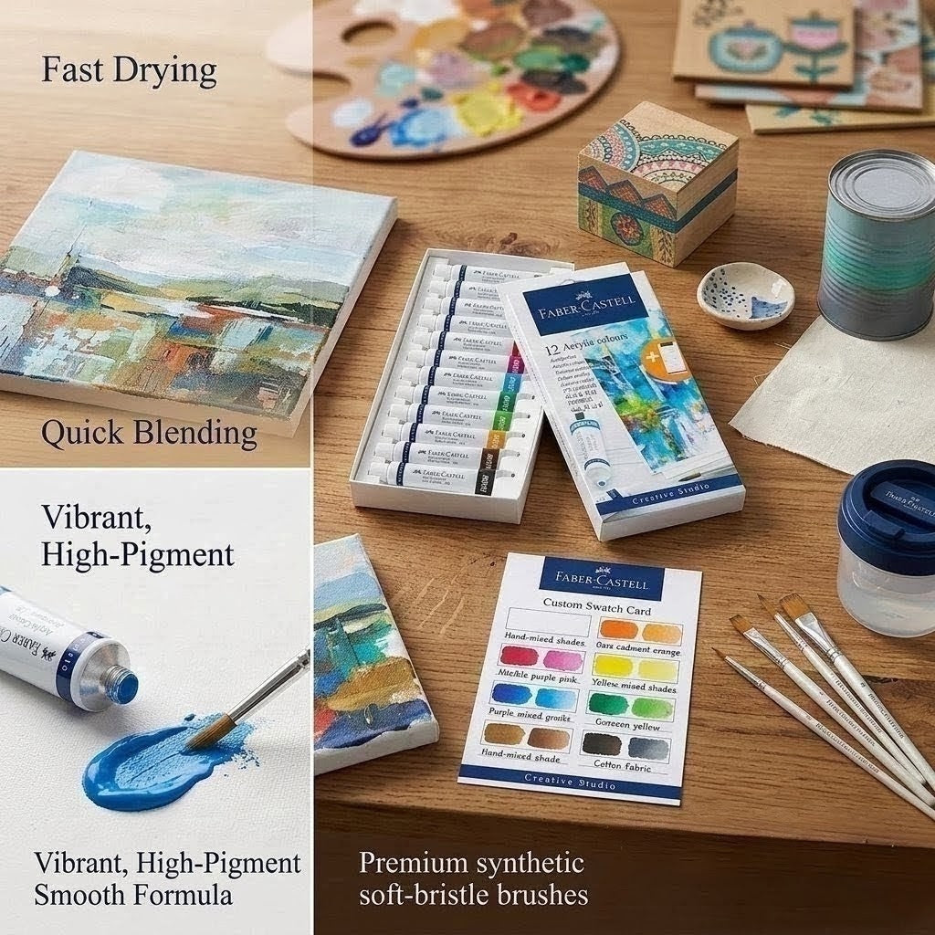 Faber-Castell High-Pigment Acrylic Paint Tube Set (12 Pack)+FREE Swatch Card For Personalization