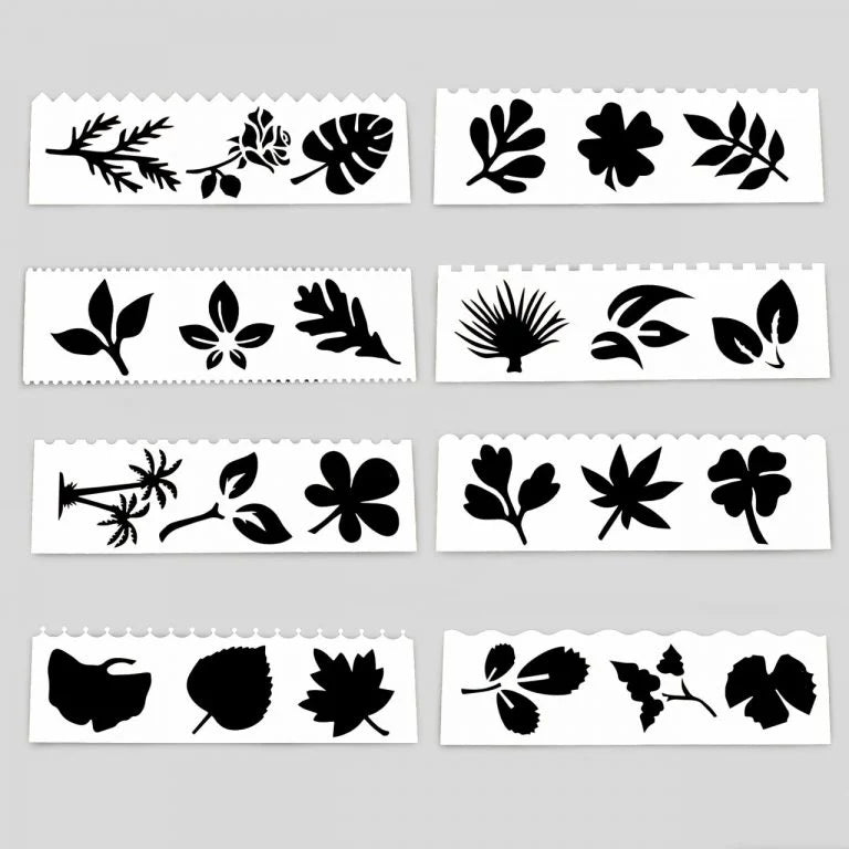 Set of black leaf and floral stencils on a gray background