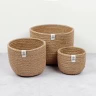 Three Sized Natural Eco-friendly Jute baskets of different sizes on a white background