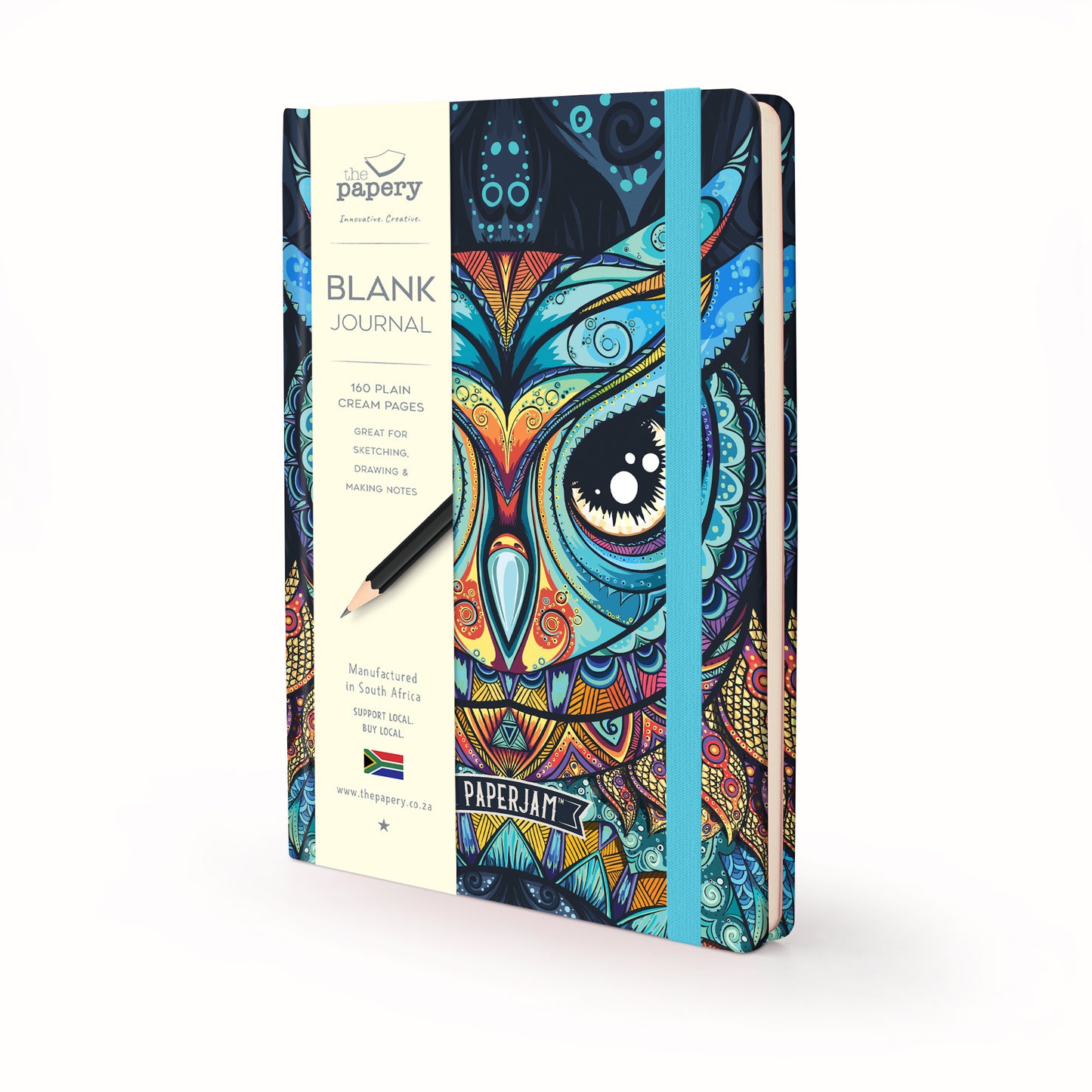 A blank journal by Papery featuring a colorful owl illustration on the cover, shown standing upright on a white background with a pencil resting against the front.