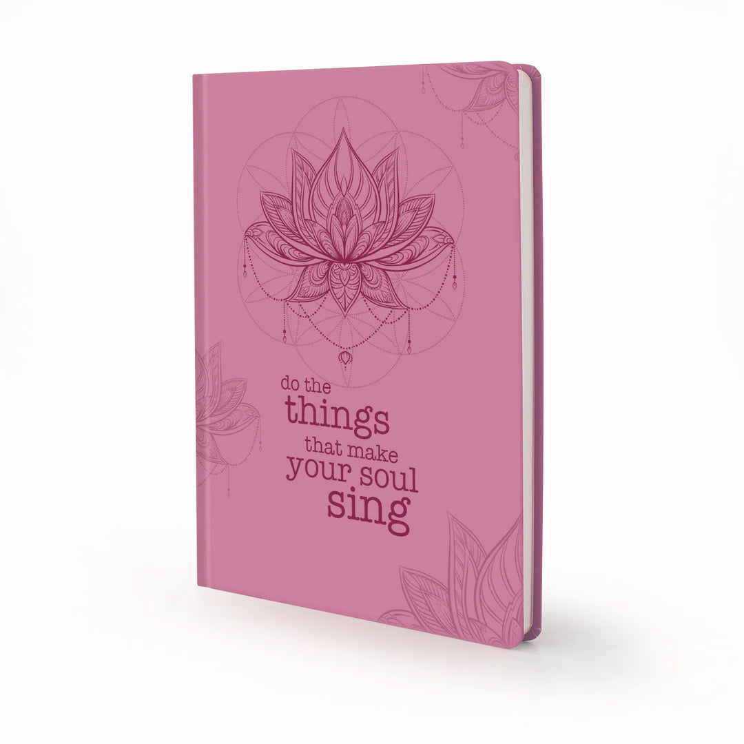 Scribblz A5 Journal with pink lotus design and with motivational quote on a white background