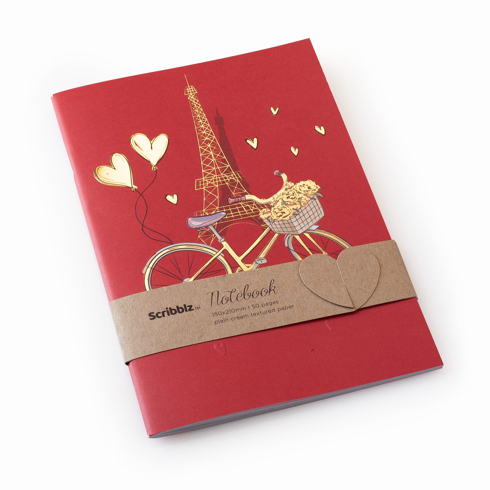 A5 Scribblz notebook with Eiffel Tower and bicycle illustration, featuring plain cream textured paper