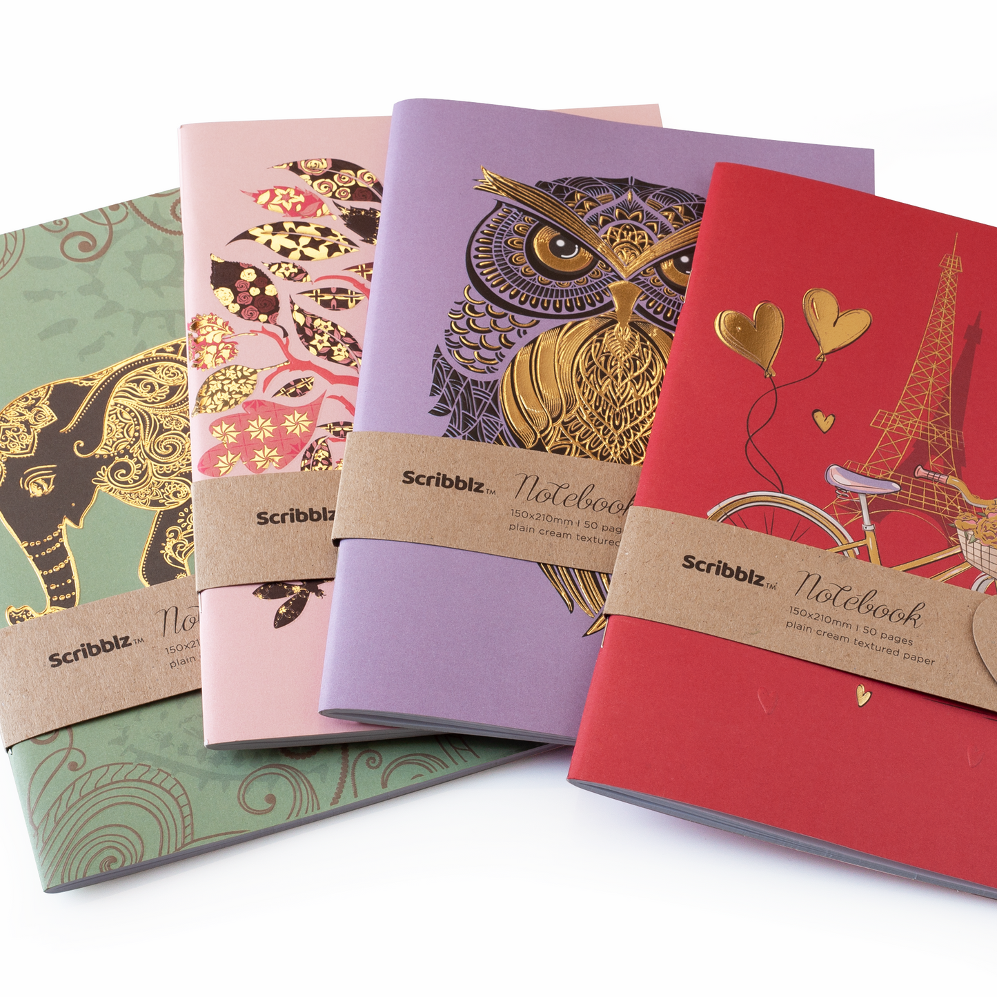 Four notebooks with different designs and colors on a white background