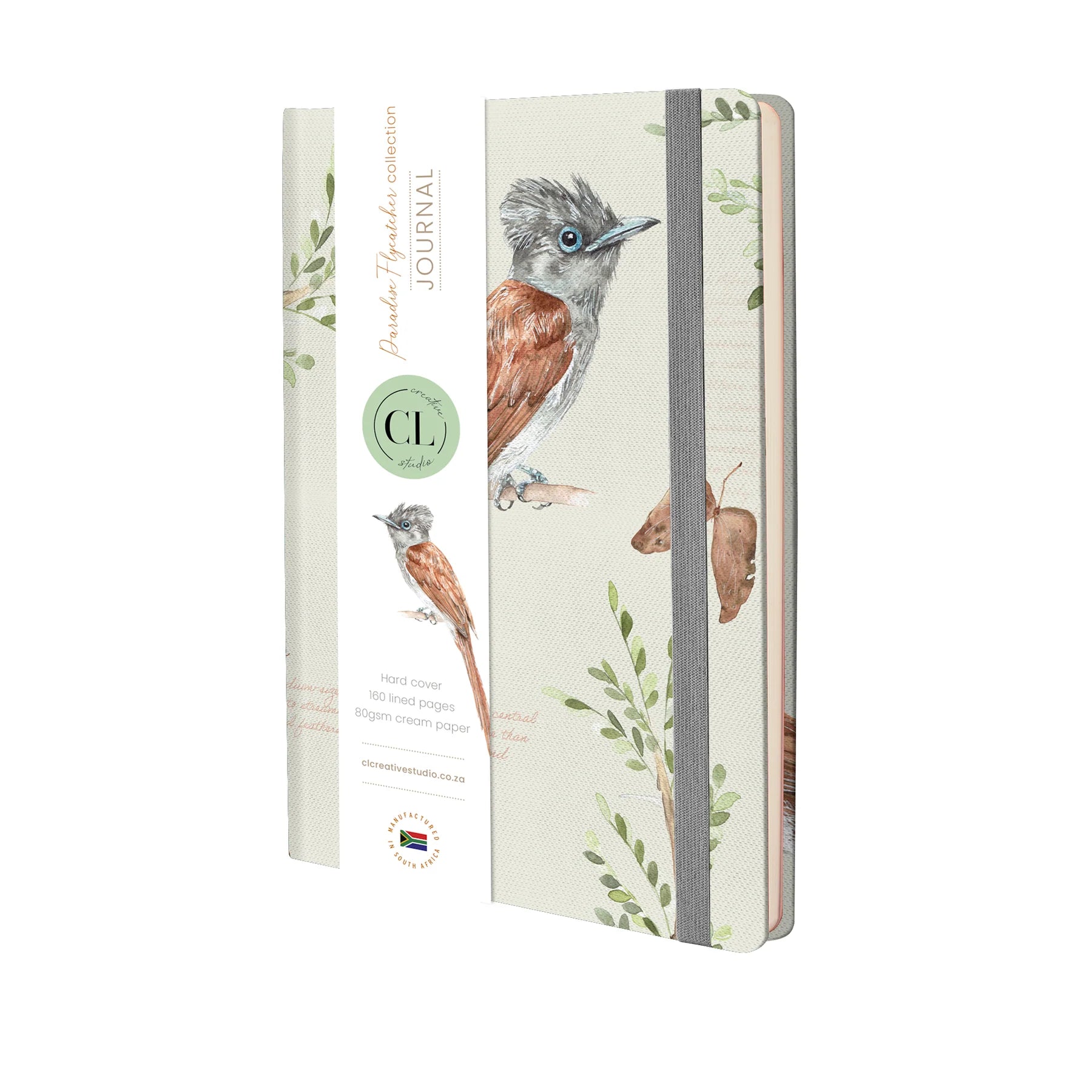 Front cover of African Bird Journal with Paradise Flycatcher design on a white background