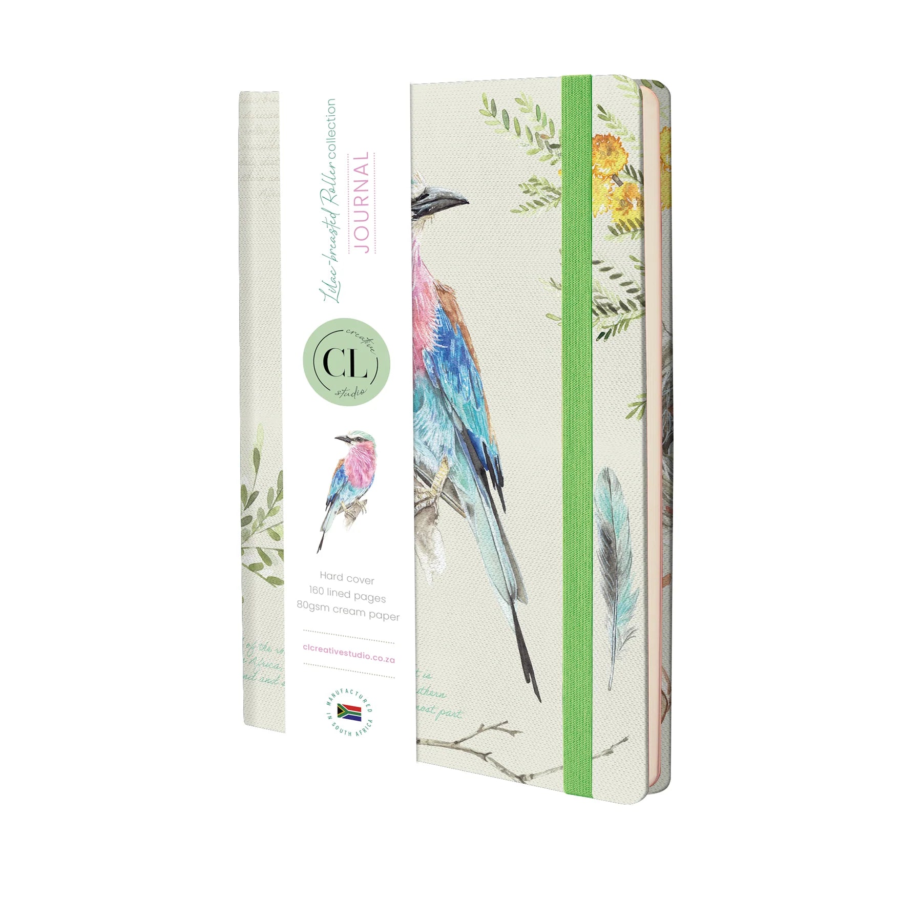 Front cover of African Bird Journal with Lilac Breasted Roller design on a white background