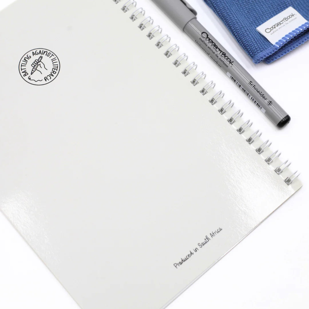 Bee Mindful CorrectBook (Write & Wipe) with a pen and blue cloth featuring battle against illiteracy on a white background