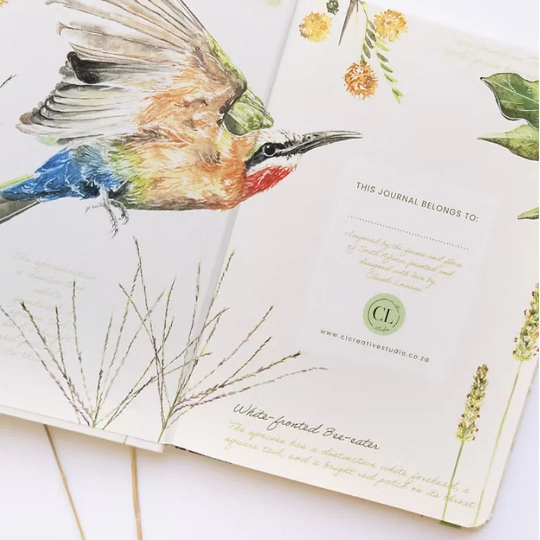 African Bird Journal with Bee Eater design showing personalization page on a white surface