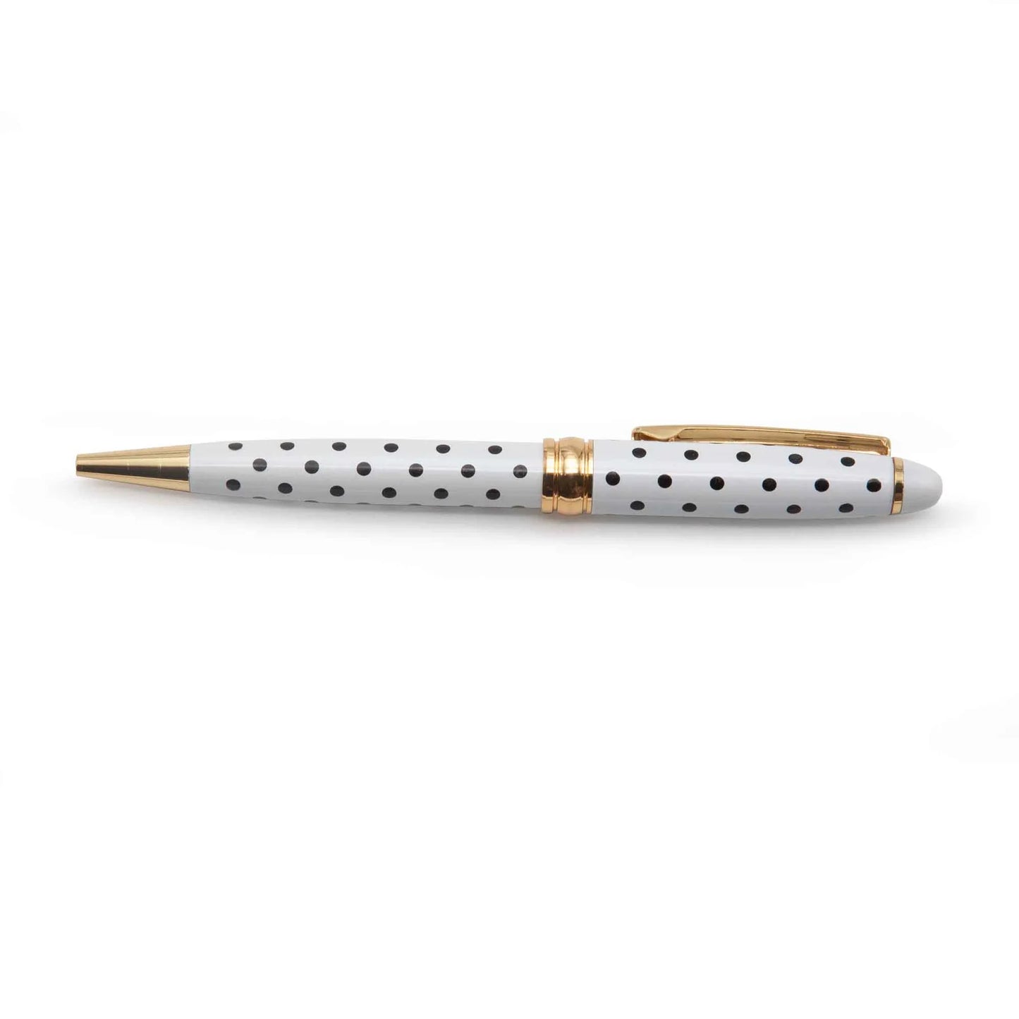 Dotted Pens in white body and black polka dots with gold accents on a white background