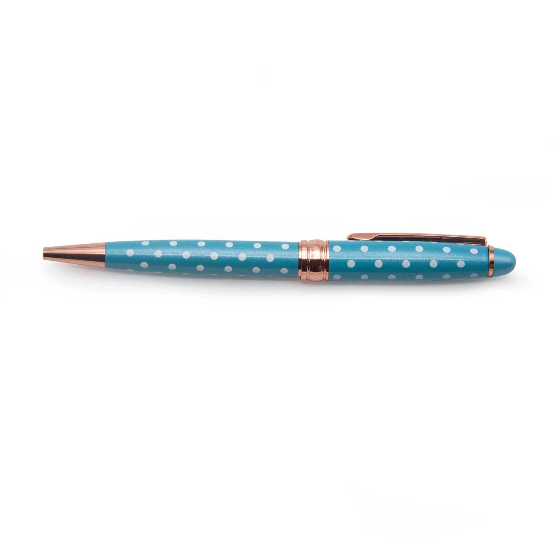 Dotted Pens in blue and white polka dot design and rose gold accents on a white background