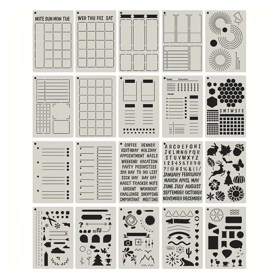 Collection of various stencils with different designs on a white background