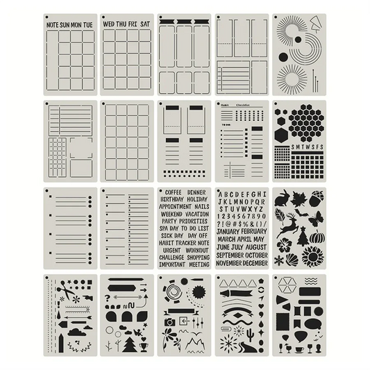 Collection of various stencils with different designs on a white background