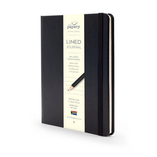 Lined pages inside of the Classic Hardcover A5 Journal with a matching ribbon on a white background 