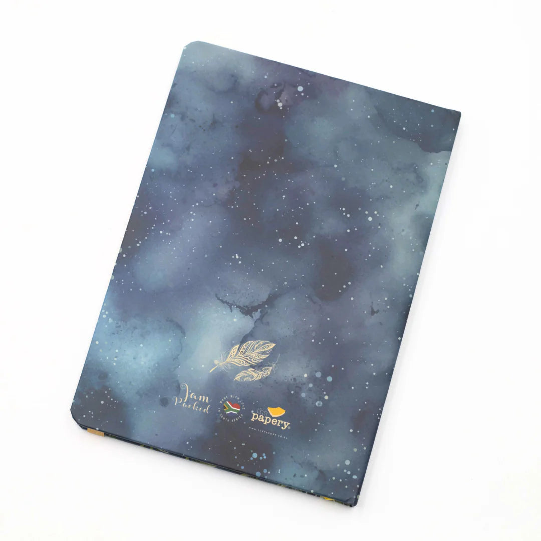 Back of the Journal with starry night design on a white background