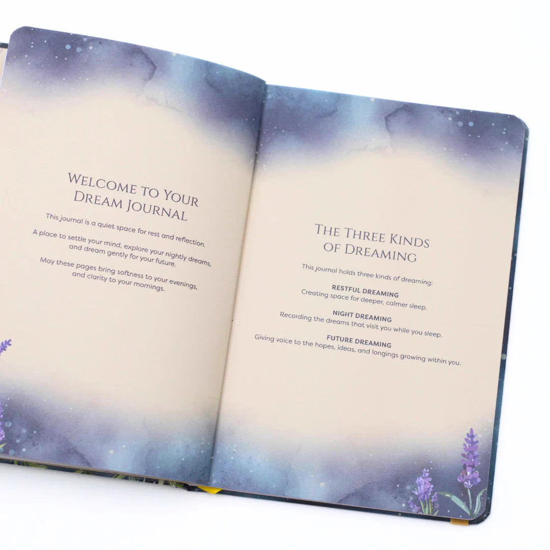 Open dream journal with introductory text on a white background with matching pages