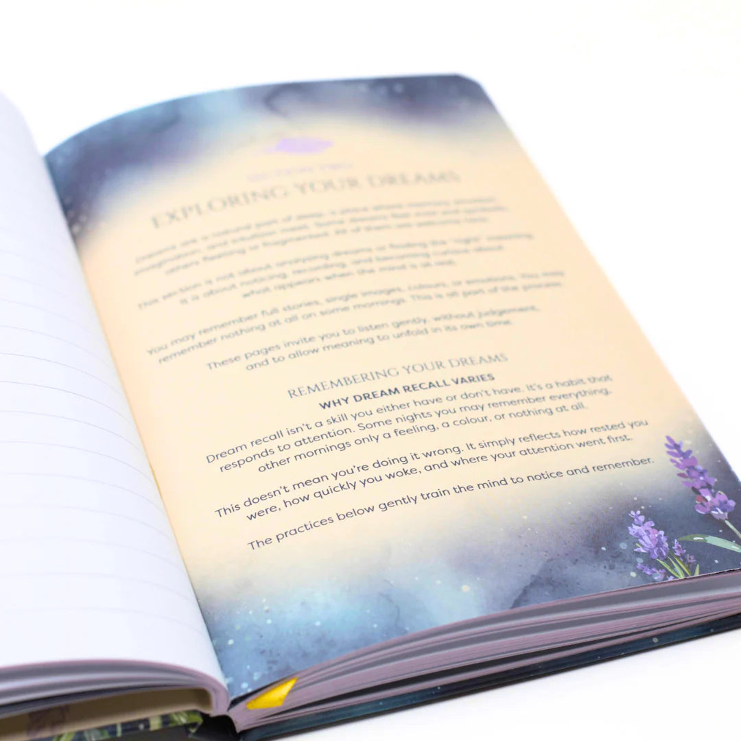 Open Journal with text and a lavender flower illustration on a white background