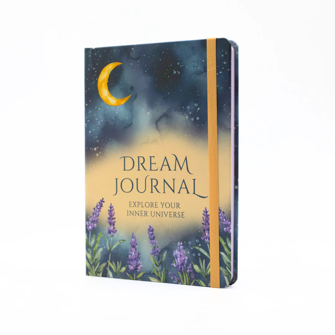 Dream journal on a Straight view of the front cover with celestial design, moon, stars, and lavender flowers on a white background
