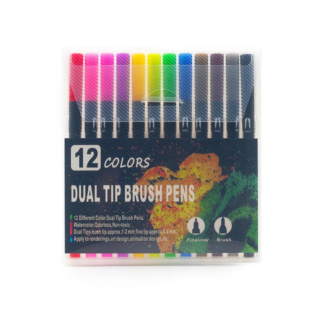 Dual Tip Brush Pen Set (12 Pack) | Artist Brush & 0.4mm Fine Line Calligraphy Markers