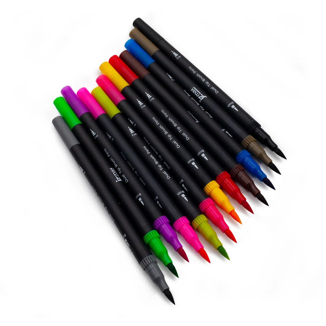 Dual Tip Brush Pen Set (12 Pack) | Artist Brush & 0.4mm Fine Line Calligraphy Markers