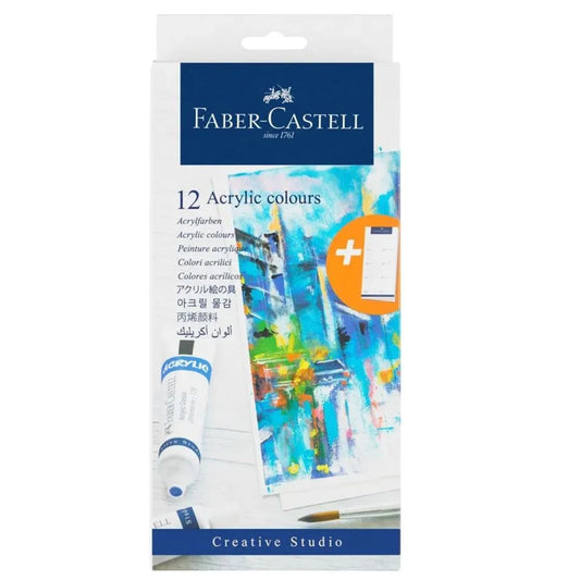 Faber-Castell 12 Acrylic colours Creative Studio paint set in its original retail packaging, featuring a white box with blue branding and an abstract painting illustration.