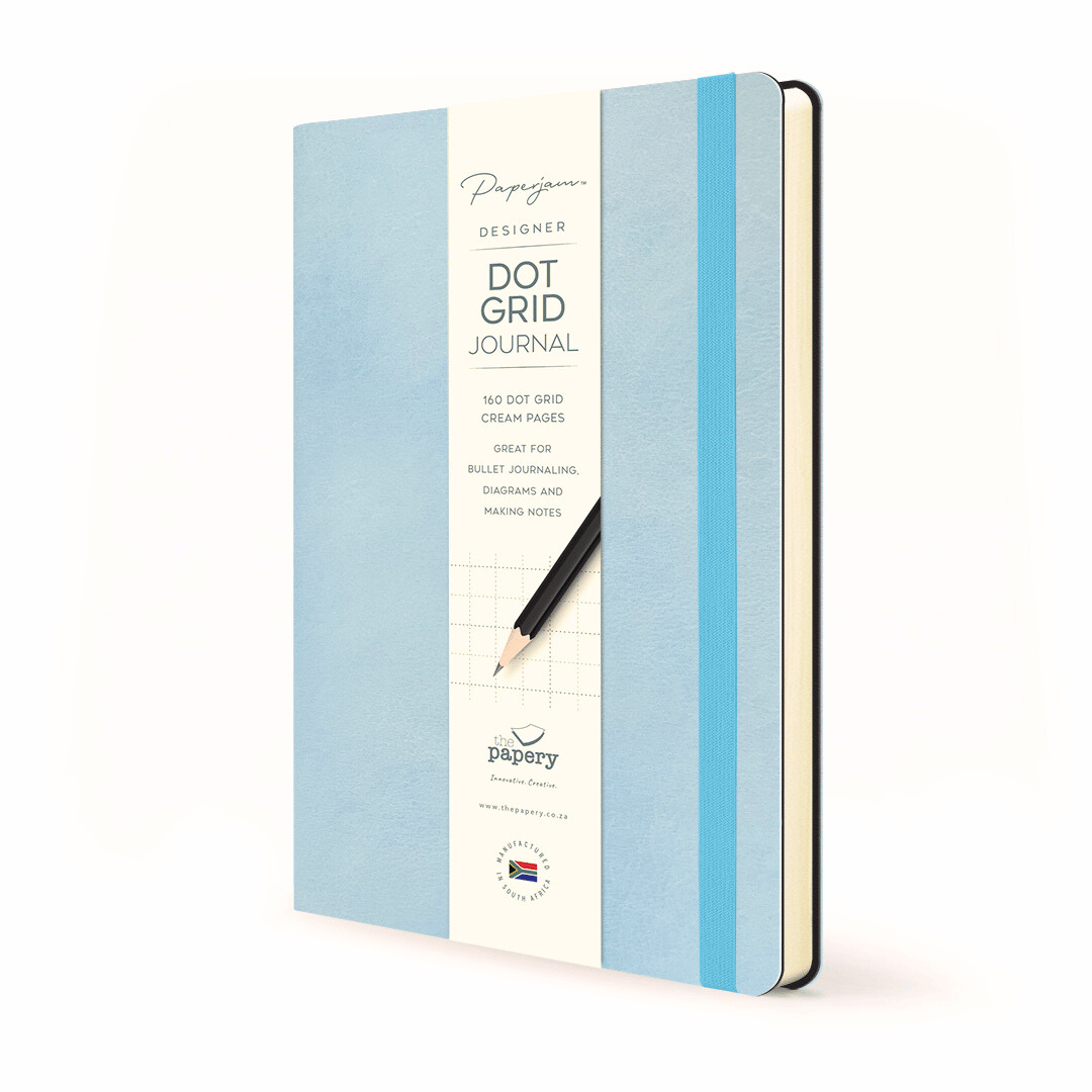 Dot Grid pages inside Soft cover flexi Journal with a blueberry design on a white background