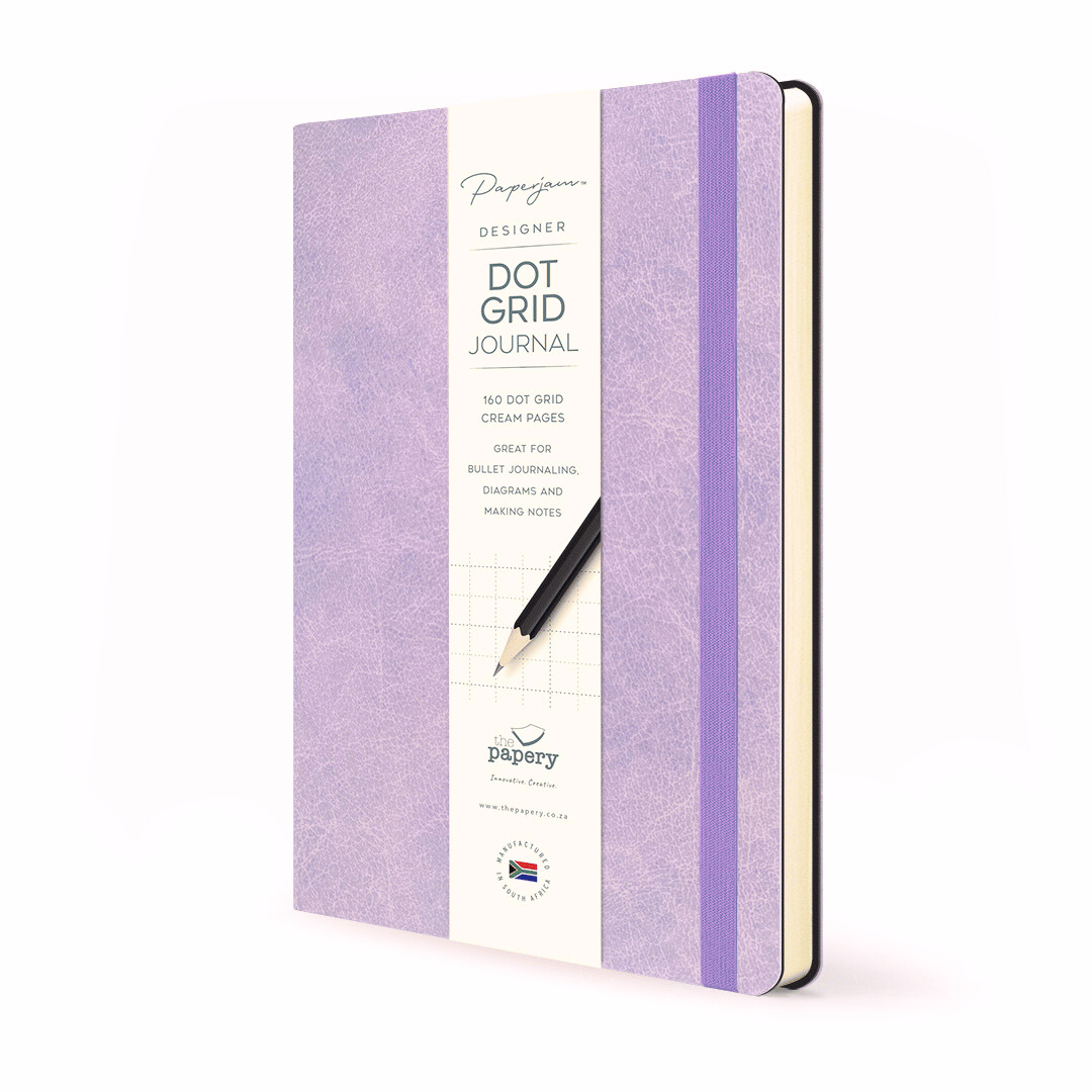 Dot Grid pages inside Soft cover flexi Journal with a mulberry design on a white background
