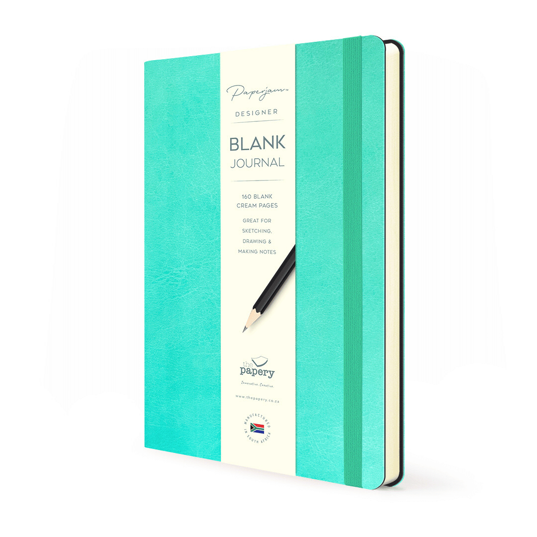 Blank pages inside Soft cover flexi Journal with a spearmint design on a white background