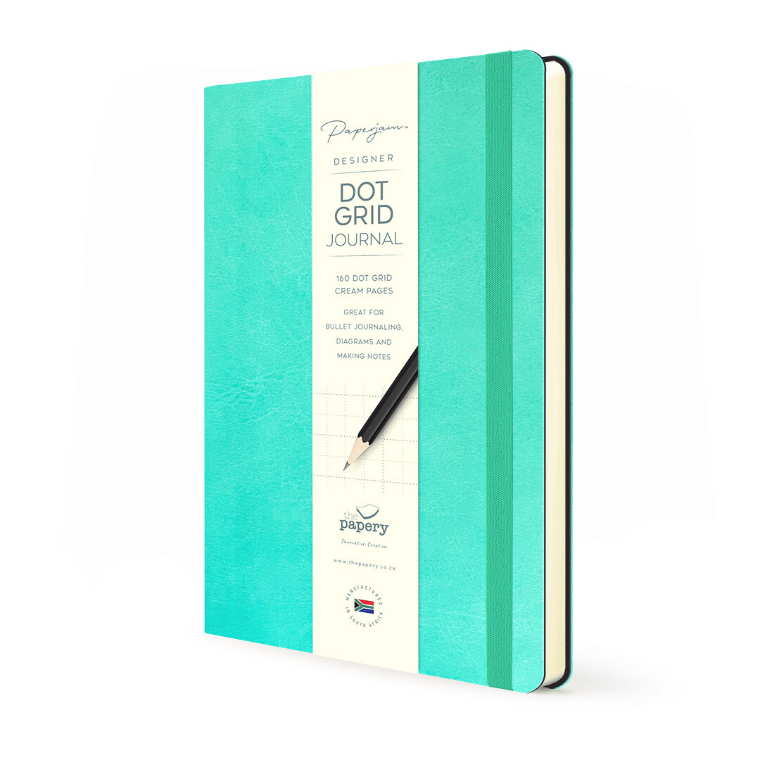 Dot Grid pages inside Soft cover flexi Journal with a spearmint design on a white background