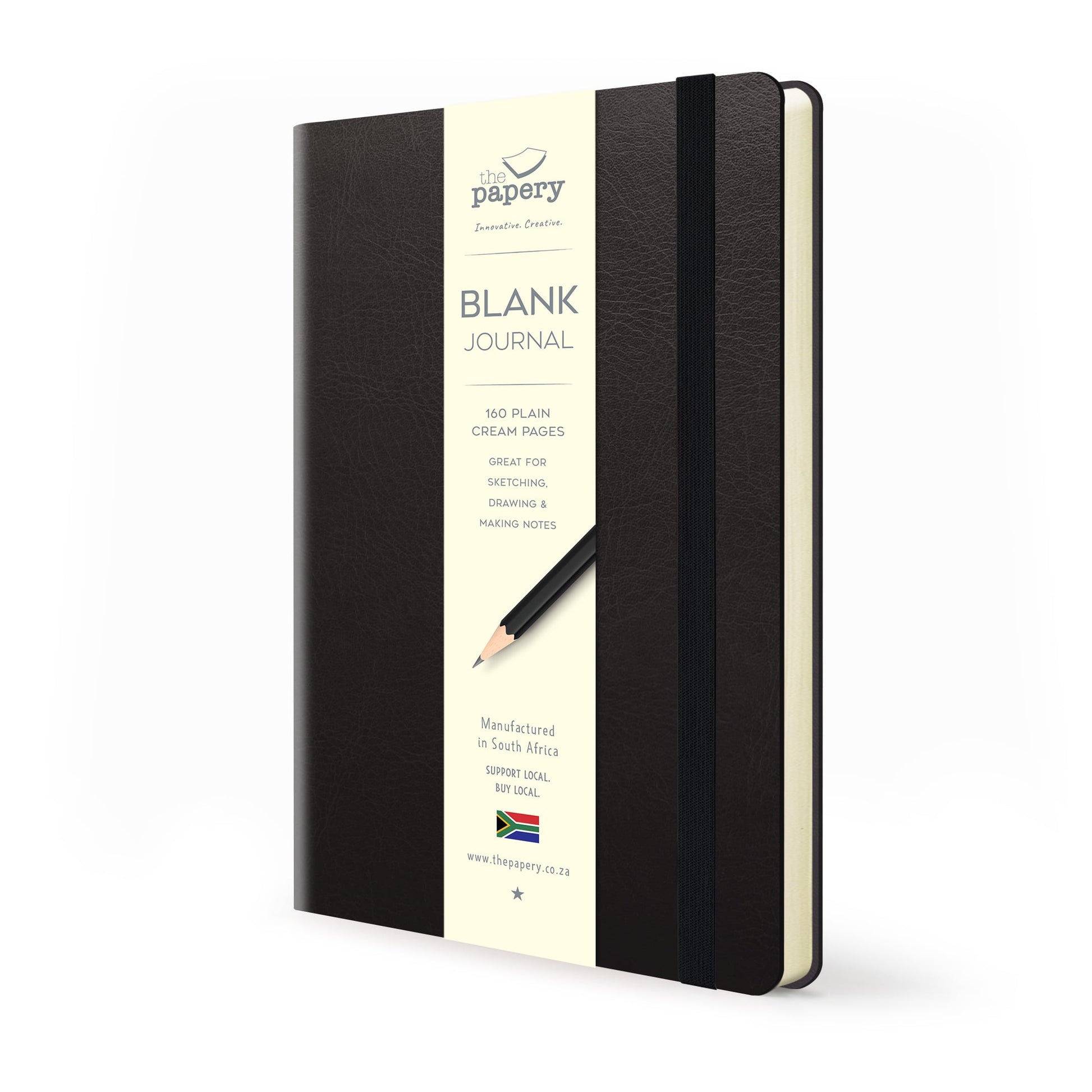 Blank pages inside of Soft cover flexi Journal with a Black design journal on a white background