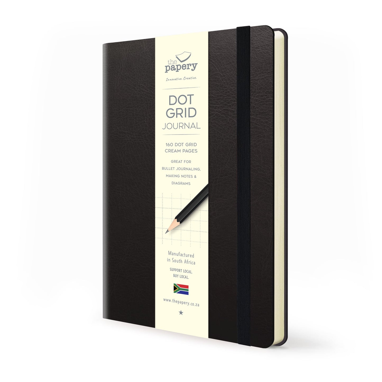 Dot Grid pages inside Soft cover flexi Journal with a black design on a white background