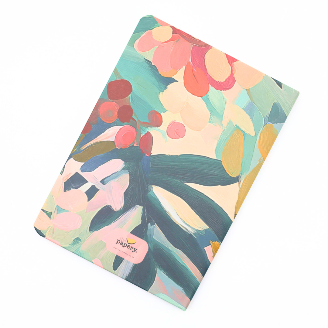 Colorful view of the back cover of the Journal with floral and leaf design on a white background