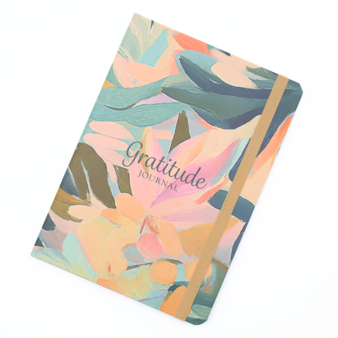 Floral design Gratitude Journal front cover with matching ribbon on a white background