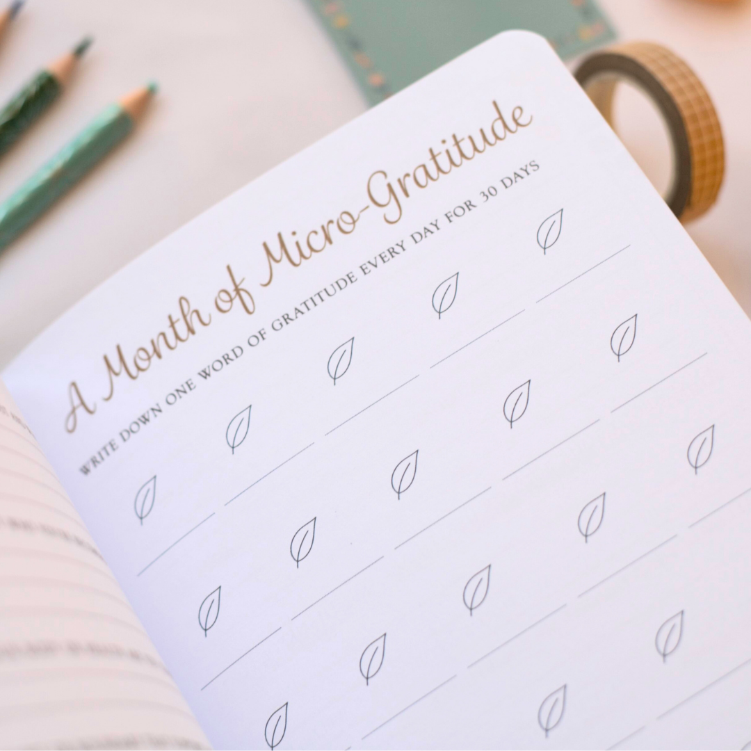 Interactive Gratitude journal with 'A Month of Micro-Gratitude' on a desk with pencils and a mug.