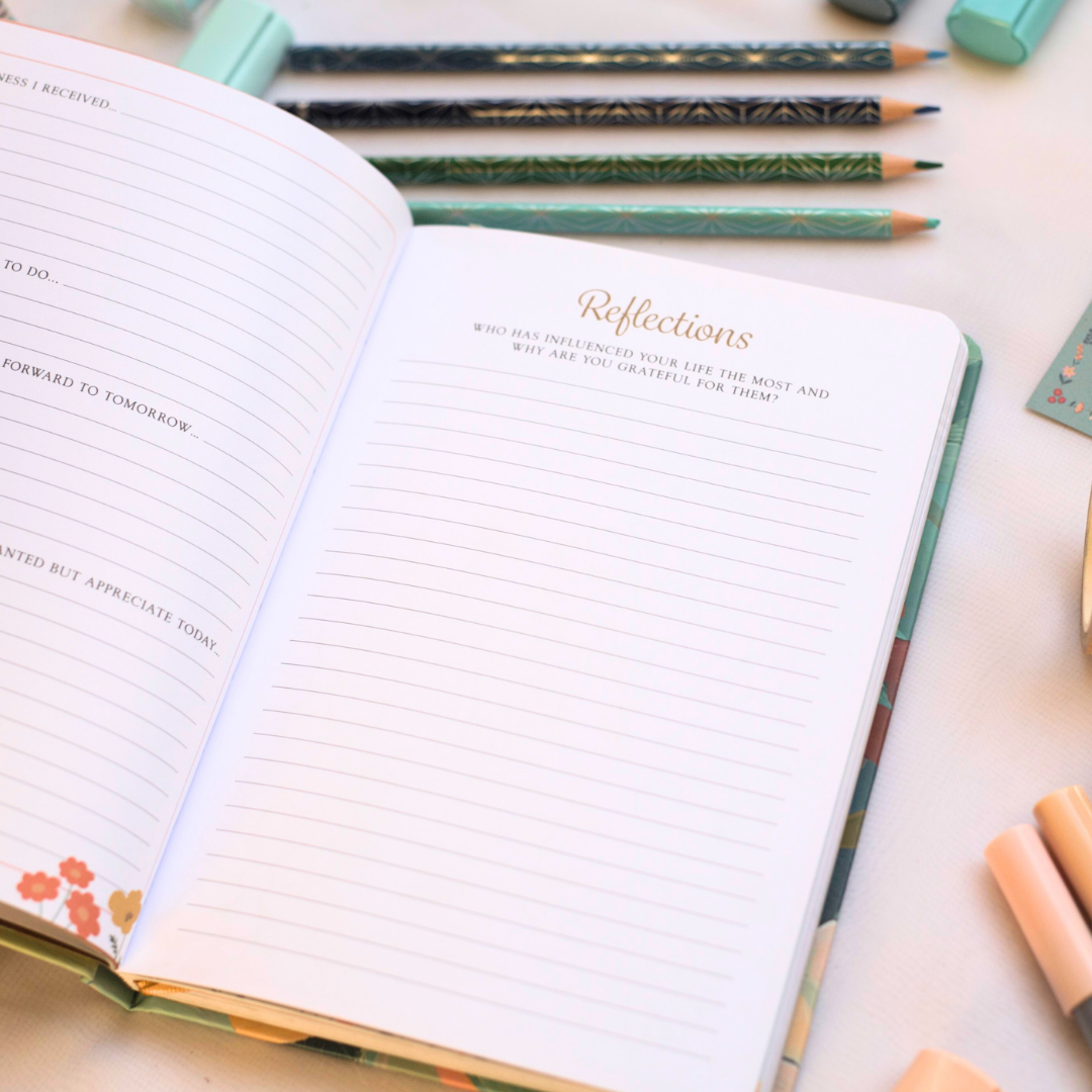 Open journal with 'Reflections' page, surrounded by pens and markers on a light surface.