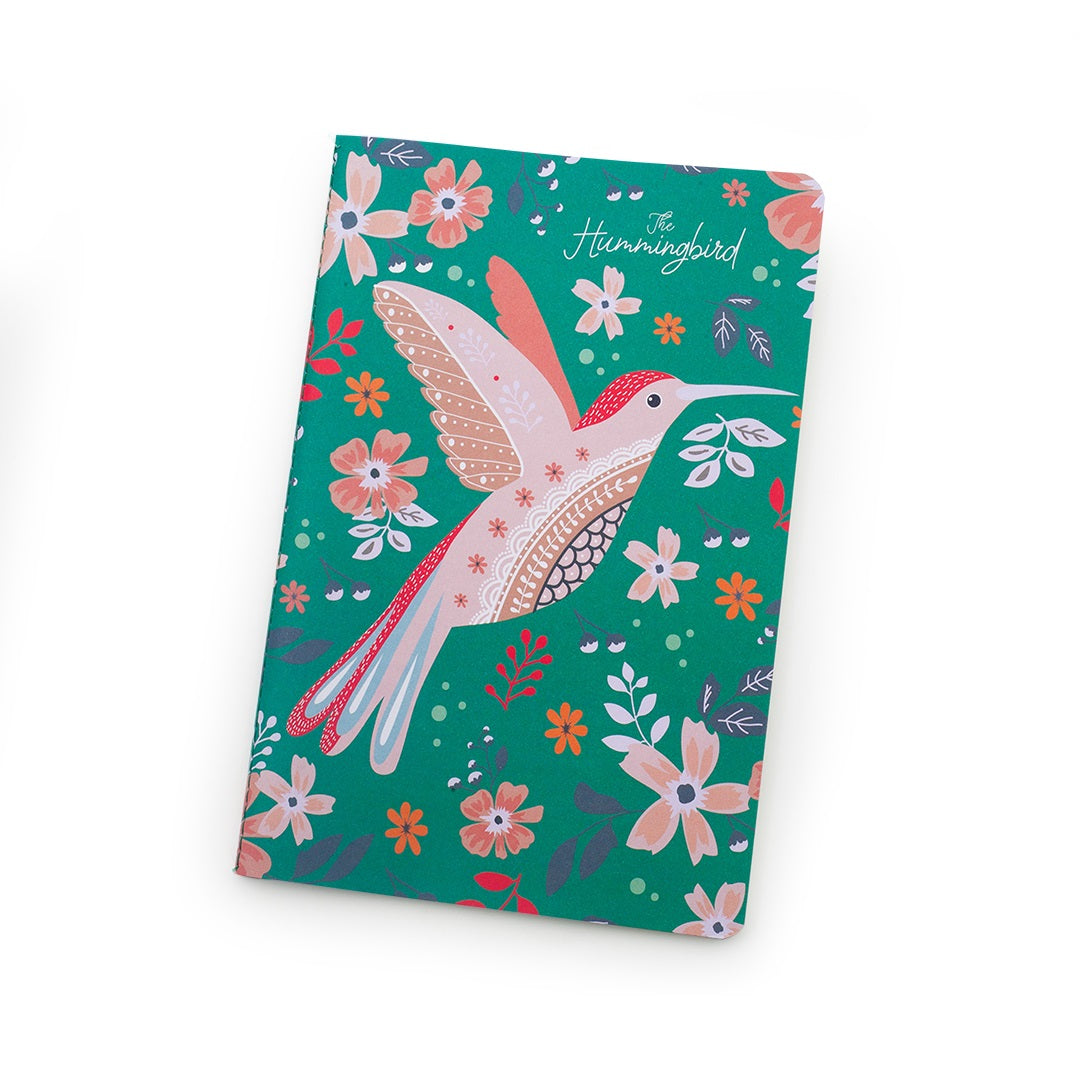 Front of Hummingbird Notebooks A5 with a colorful green hummingbird design on a white background