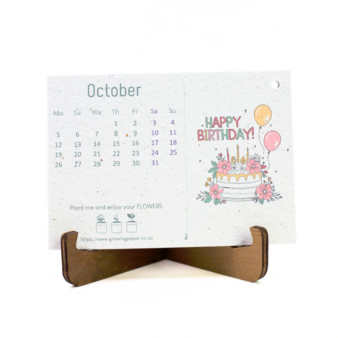 Calendar with a birthday cake design and plantable feature on a white background