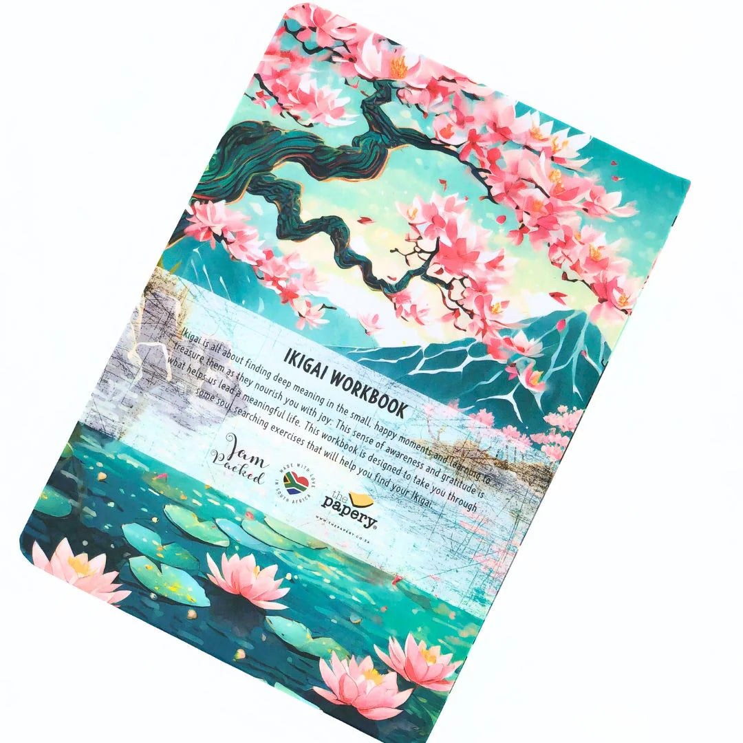 Back cover of Ikigai Journal Workbook with Japanese design on a white background