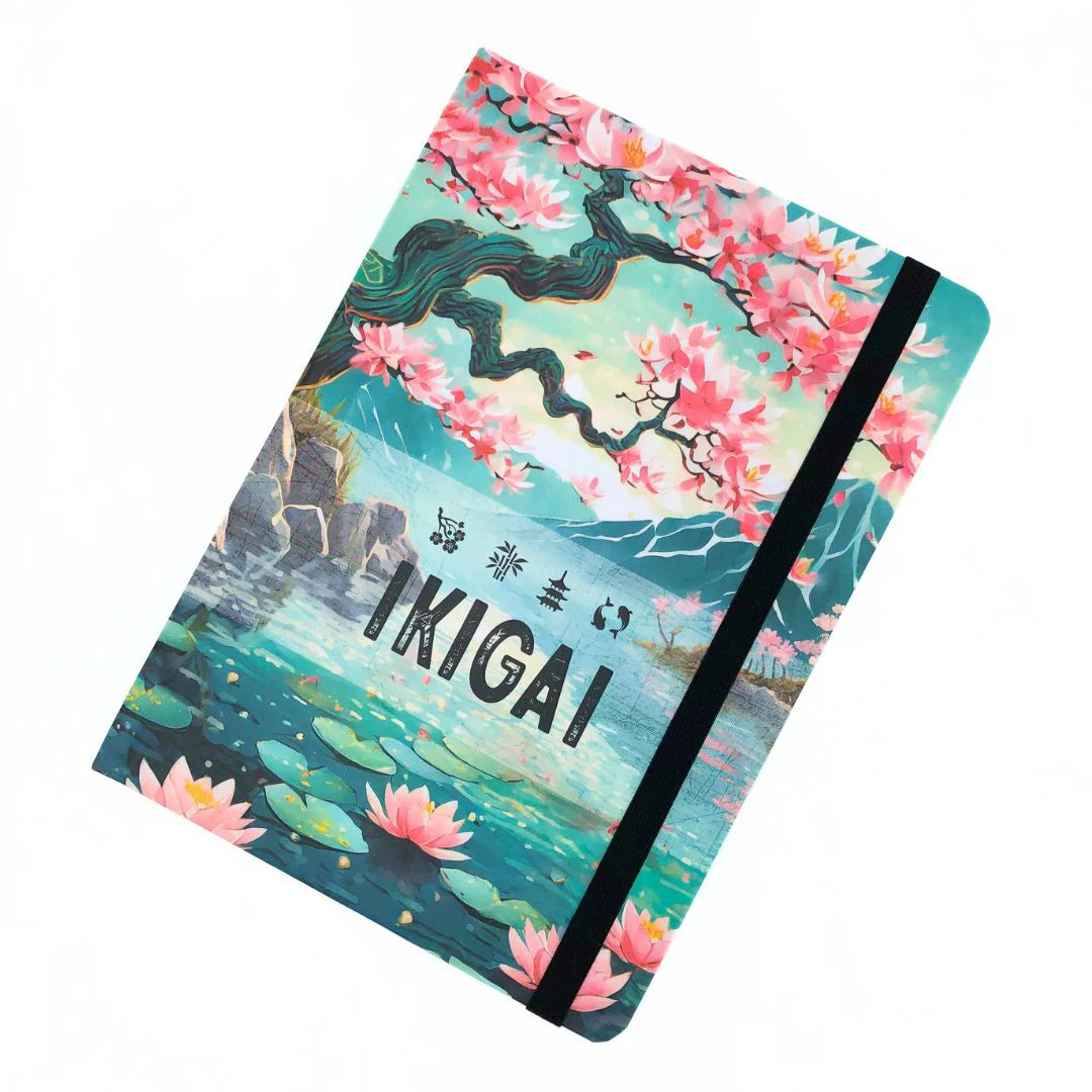 Journal with matching ribbon on a Japanese design and 'IKIGAI' text on a white background