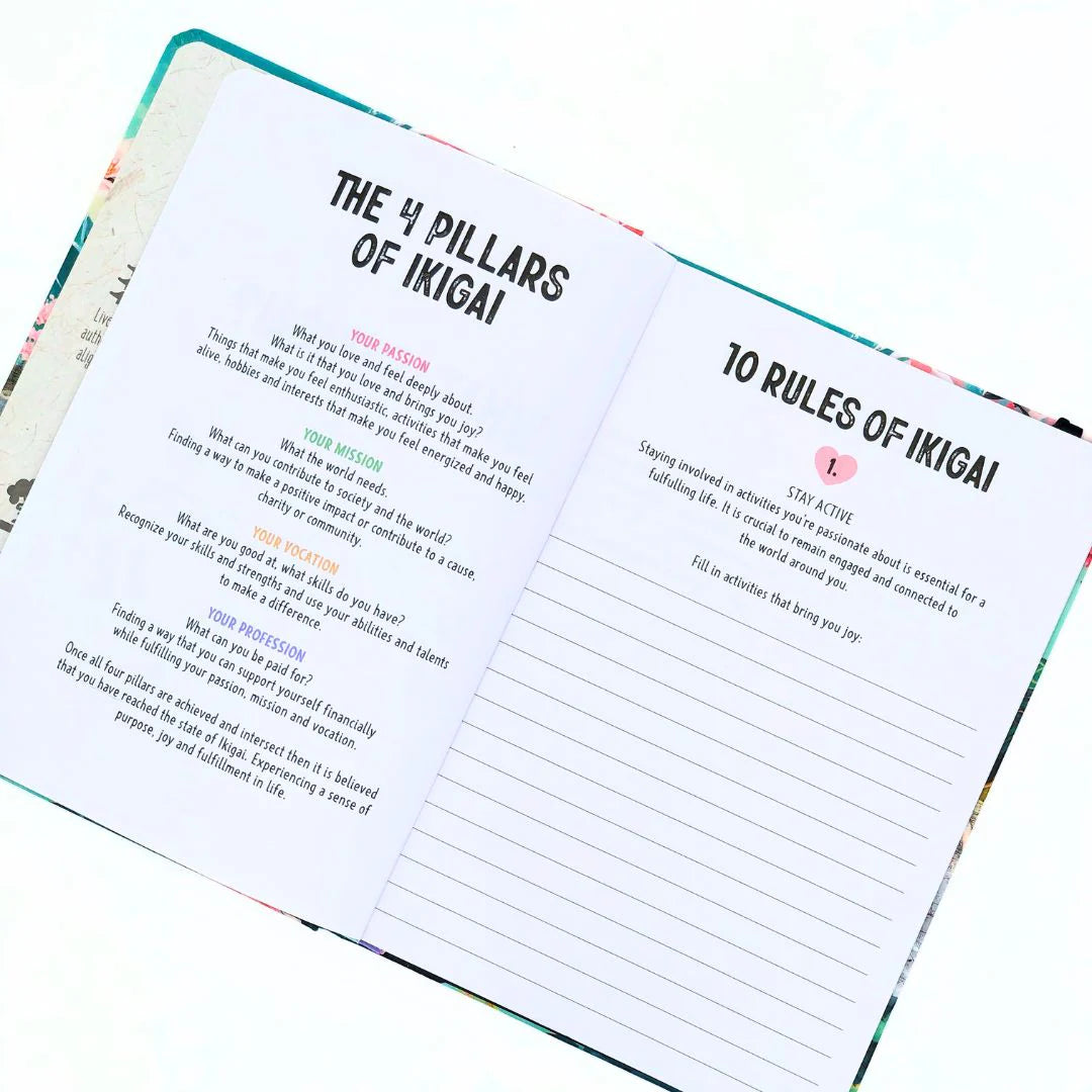 Open journal workbook showing interactive pages about 'The 4 Pillars of Ikigai' and '10 Rules of Ikigai'.