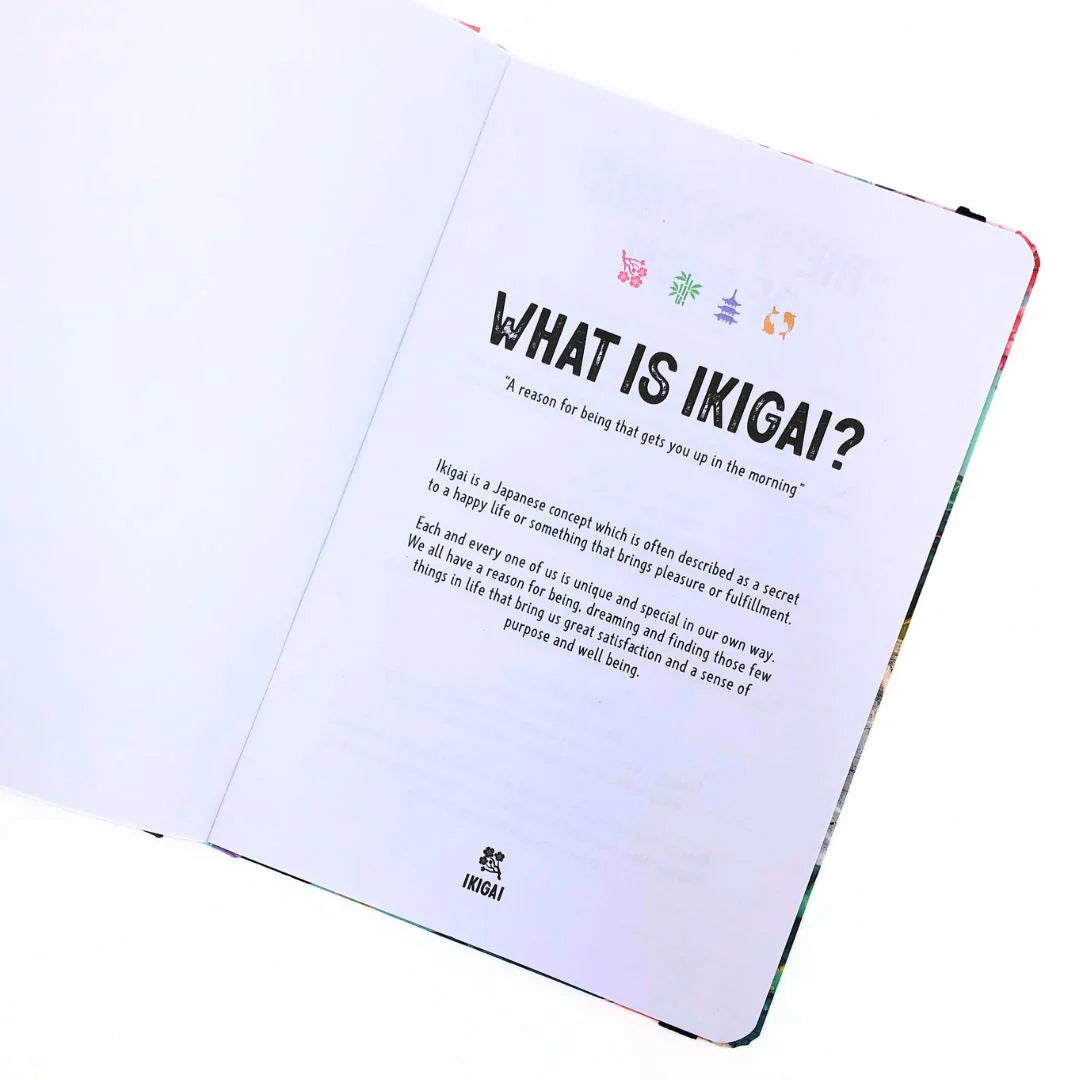Open journal workbook with text about 'What is Ikigai' on a white background