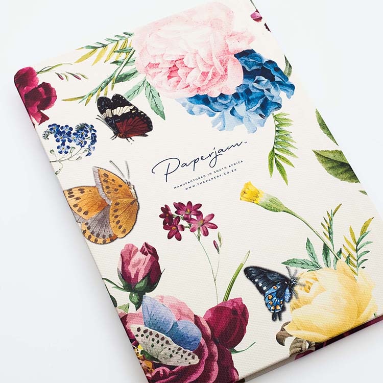 Back cover of Insects Hard Cover Journal A5 with beautiful butterflies design on a white background