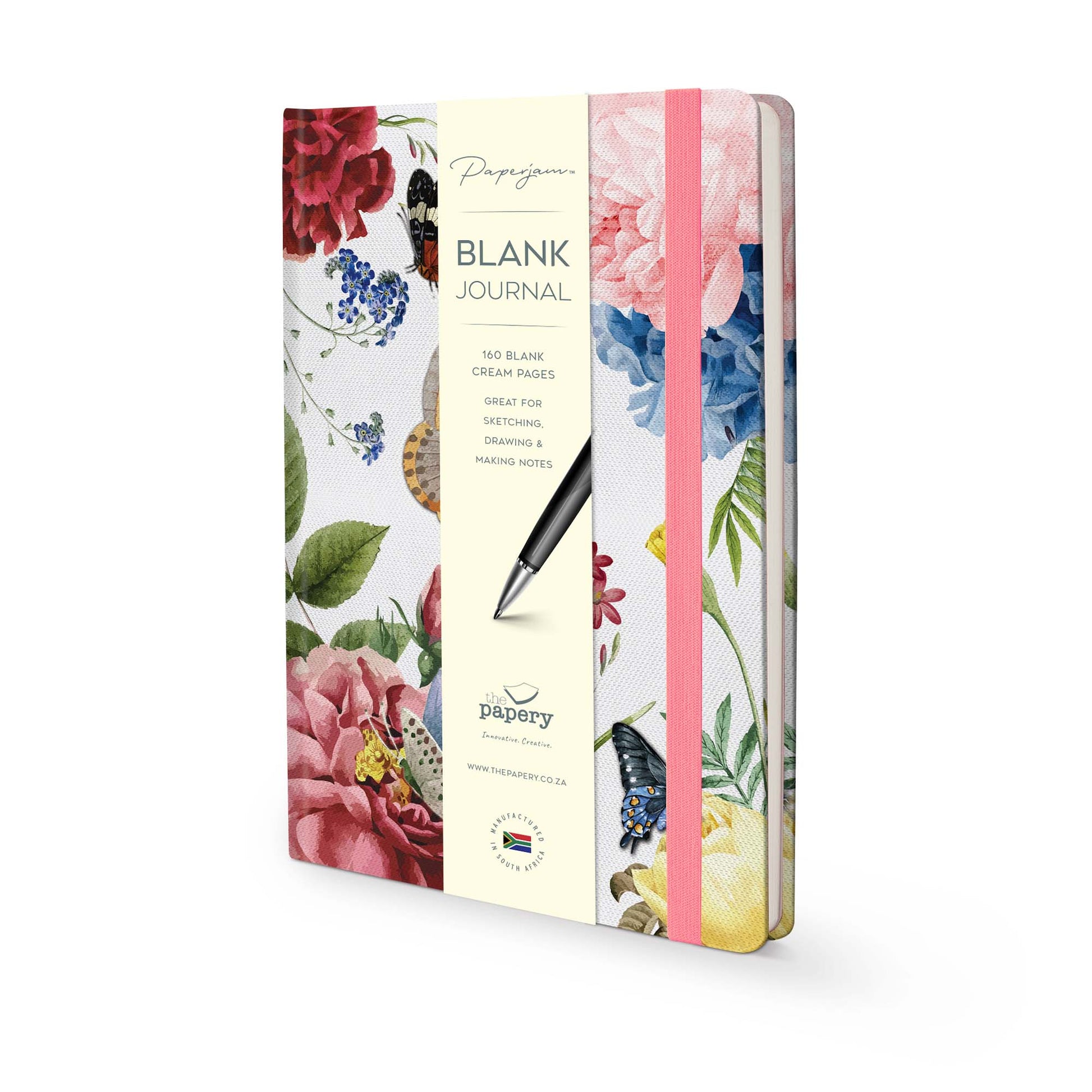 Blank pages inside Insects Hard Cover Journal A5 with beautiful butterflies design and matching ribbon on a white background