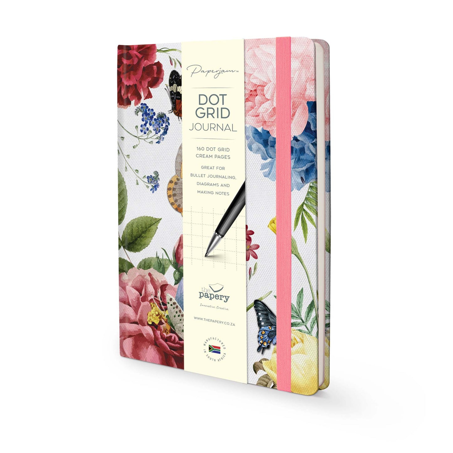 Dot Grid pages inside Insects Hard Cover Journal A5 with beautiful butterflies design and matching ribbon on a white background