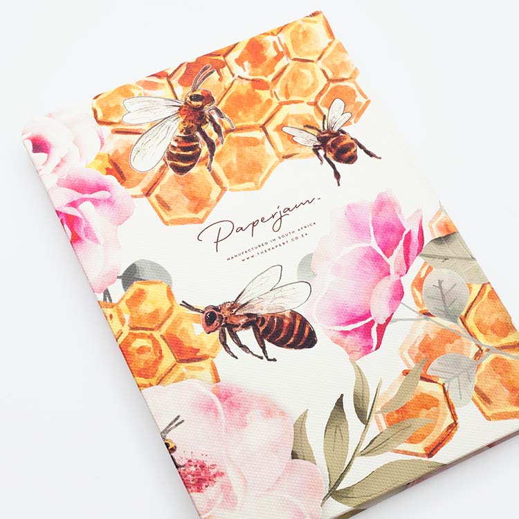 Back cover of Insect Hardcover Journal with Buzzing Bee design on a white background