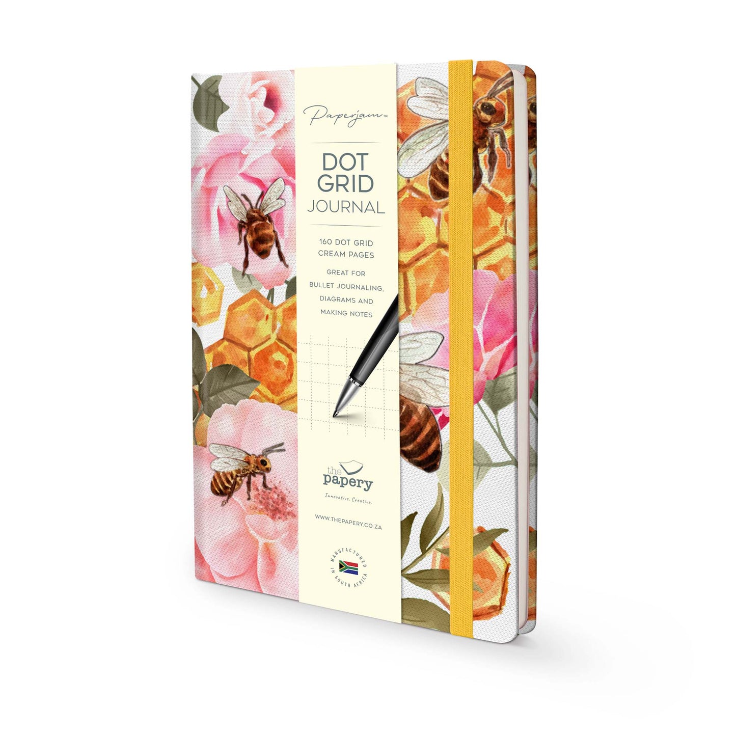 Dot grid pages inside Insects Hard Cover Journal A5 with buzzing bees design and matching ribbon on a white background